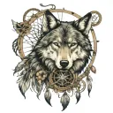 wolf with dream catcher entangled with a compass rose intertwined tattoo design idea