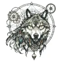 wolf with dream catcher entangled with a compass rose intertwined tattoo design idea