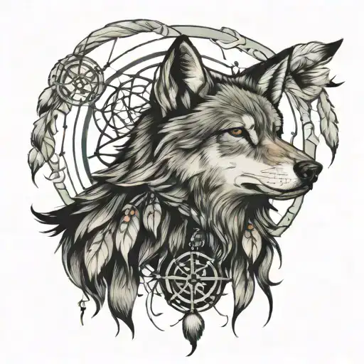wolf with dream catcher entangled with a compass rose intertwined tattoo design idea