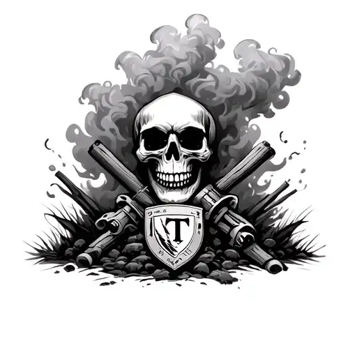 Skull rising from the grave with smoke effects. In the grave there is a crest to the Theta Tau Professional Engineering  tattoo design idea