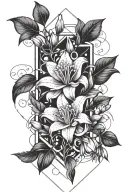 Black and white Tattoo design of honeysuckle, rose, and lily of the valley. tattoo design idea