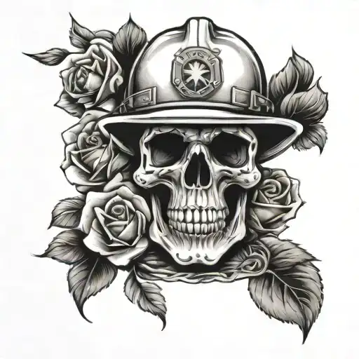 skull, roses, firefighter, outdoors tattoo design idea