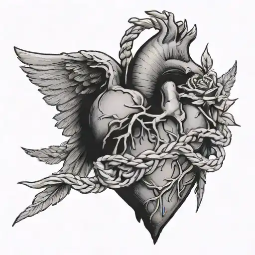a realistic tattoo of an anatomical heart being pulled by angels with a rope from above and by Lucifer from below with a tattoo design idea