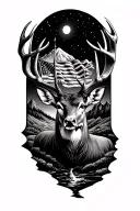 mountains with a stream, moonlight, torn u.s flag, big mule deer buck, and not all who wonder are lost compass  tattoo design idea
