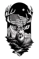 mountains with a stream, moonlight, torn u.s flag, big mule deer buck, and not all who wonder are lost compass  tattoo design idea