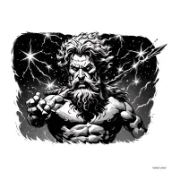 Furious Zeus hurling a bolt into darkness, stars shattering as thunder rips through space behind him tattoo design idea