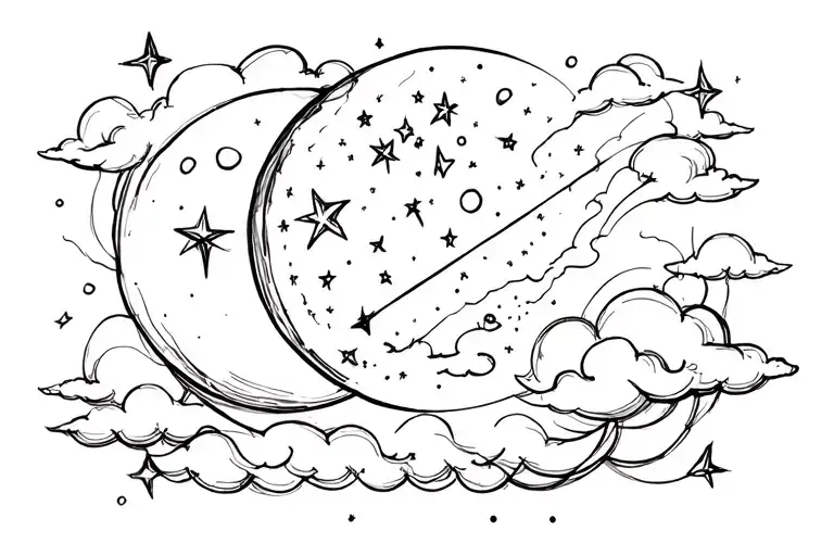 Crescent, moon, and shooting star constellation with clouds  tattoo design idea