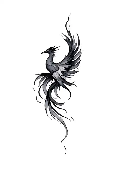 “Design a black and gray tattoo of a phoenix in abstract ink-brush or watercolor style, resembling flowing wind and fire tattoo design idea