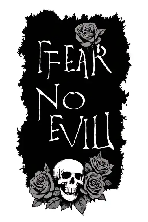 fear no evil quote with skulls and roses tattoo design idea