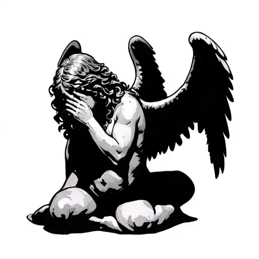The angel on his knees is crying tattoo design idea