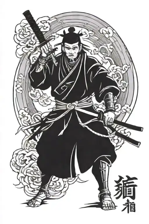 A samurai with Japanese kanji representing strength, perseverance, or "warrior." tattoo design idea