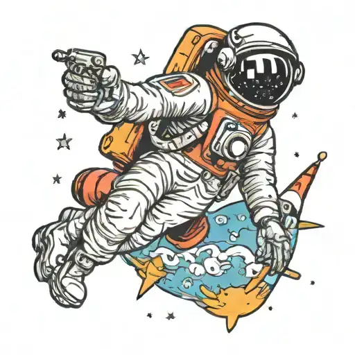 astronaut floating in space with space rocket ship tattoo design idea