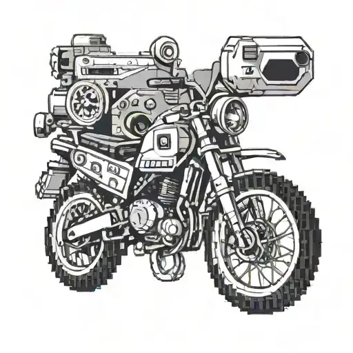 A pixel art tattoo of a video game controller morphing into a hockey stick, with a dirtbike jumping over it tattoo design idea