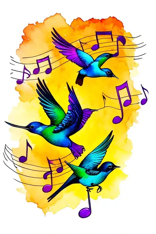 purple bird, green bird, blue bird flying music notes tattoo design idea