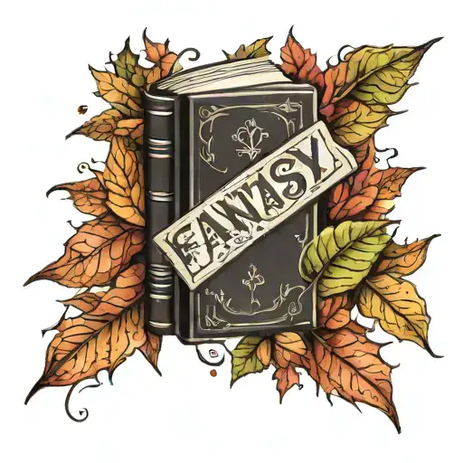 fantasy book surrounded by autumn leaves tattoo design idea
