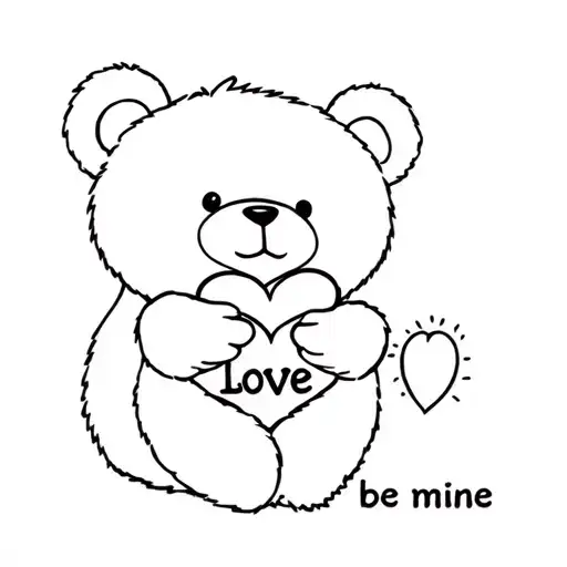 teddy bear holding a heart that says love with both hands. on the left foot it says be mine tattoo design idea