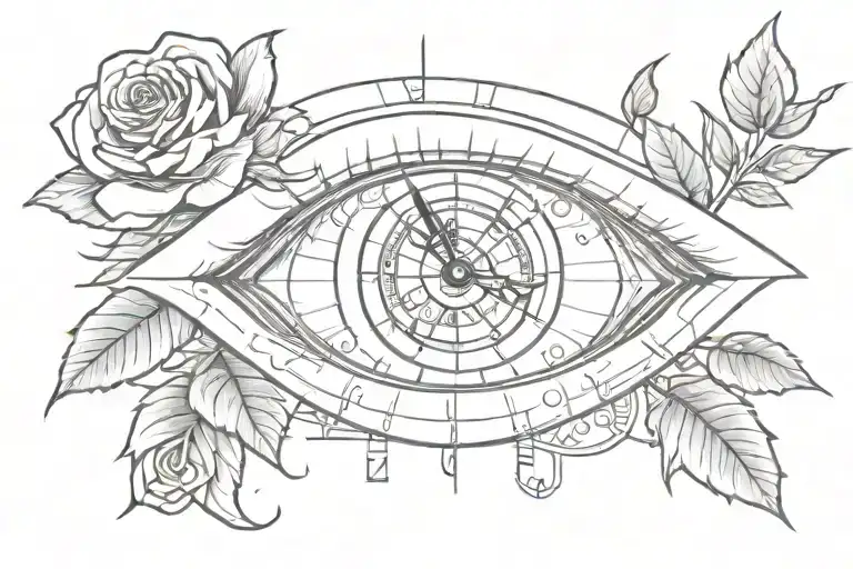 eye looking and rose and a clock inside tattoo design idea