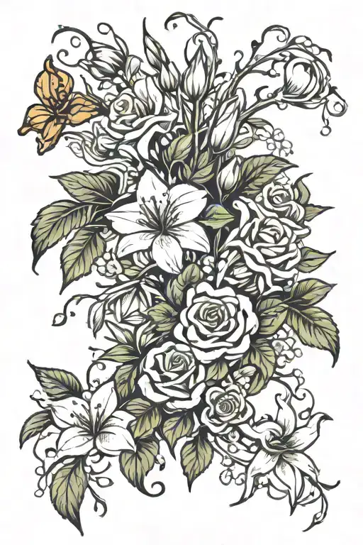bushels of vines with honey suckle, lilies, roses, and hawthorn growing on them tattoo design idea