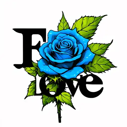 "Fuck love" blue rose with thorns with texts in the stem tattoo design idea