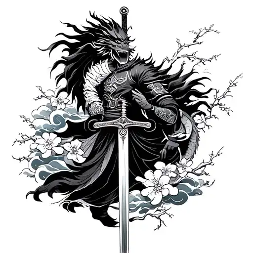 A tattoo design inspired by the Japanese god Susanoo, with his sword and dragon companion. Include elements like cherry blossoms, samurai armor, and swirling clouds. Surround Susanoo with traditional Japanese waves and wind motifs, with a border of cherry blossom branches. tattoo design idea