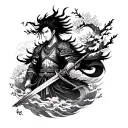 A tattoo design inspired by the Japanese god Susanoo, with his sword and dragon companion. Include elements like cherry blossoms, samurai armor, and swirling clouds. Surround Susanoo with traditional Japanese waves and wind motifs, with a border of cherry blossom branches. tattoo design idea