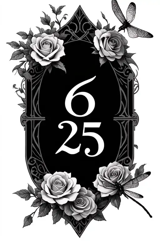 3-6-25 in roman numerals with roses and some dragonflies  tattoo design idea