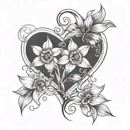 fine line daffodil and narcissus in a heart shape with stems twining into an infinity symbol tattoo design idea