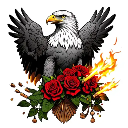half American Mexican eagle holding red roses and fire crackers  tattoo design idea