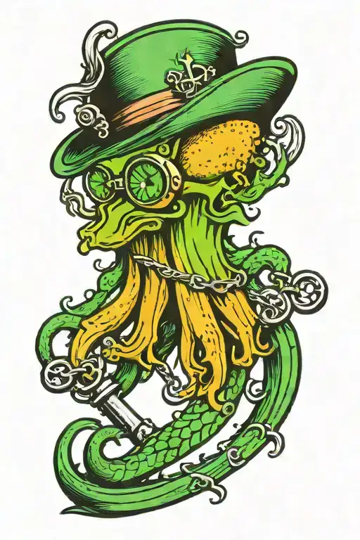 green squid with eyepatch holding sword and anchor tattoo design idea