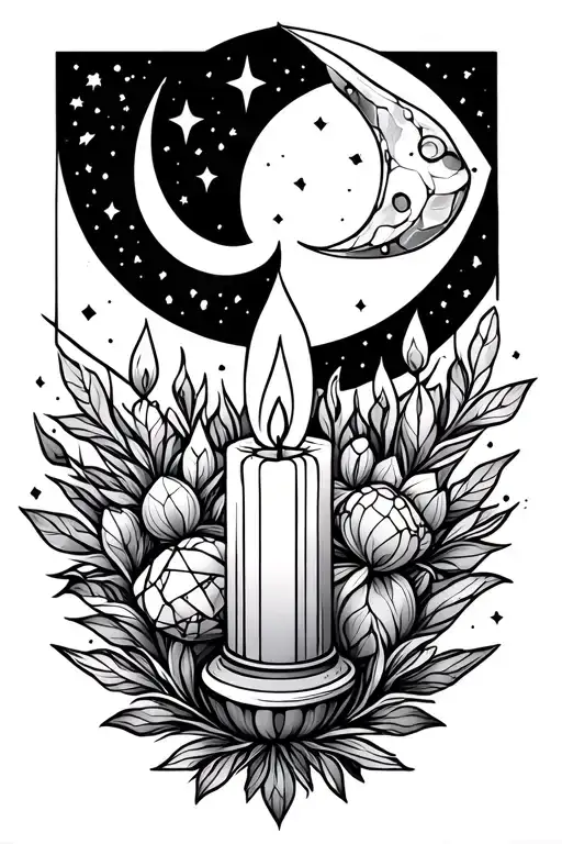 candle burning, quartz, sage, stars, moon, duality, mirror tattoo design idea