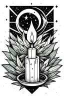 candle burning, quartz, sage, stars, moon, duality, mirror tattoo design idea