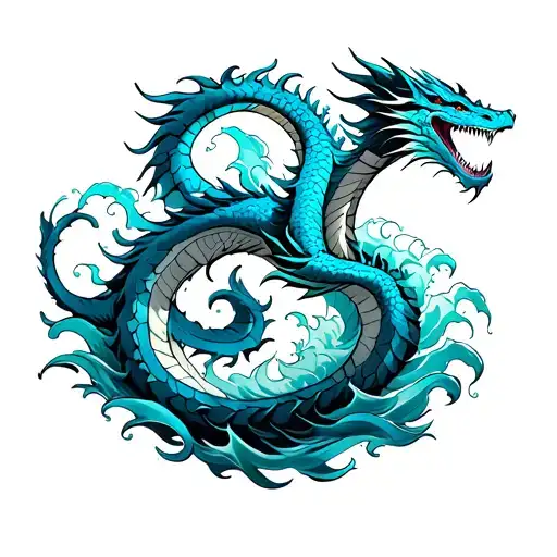A vibrant azure dragon coils around turbulent waves, its scaled body flowing from the chest.  tattoo design idea