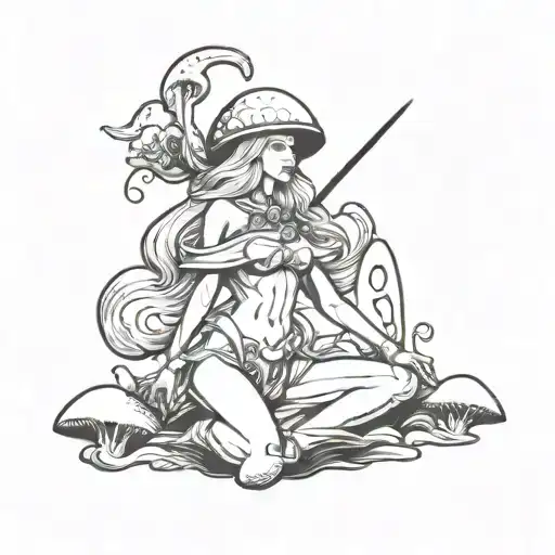 Magic Mushroom with beautiful blond valkyrie warrior woman tattoo design idea