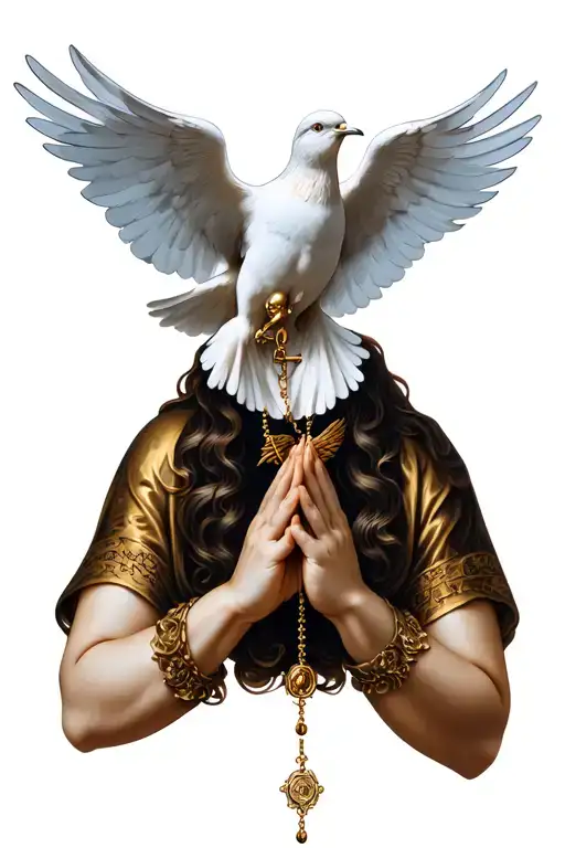 From chest to shoulder Dove , praying women with rosary between hand and God with detail around  tattoo design idea