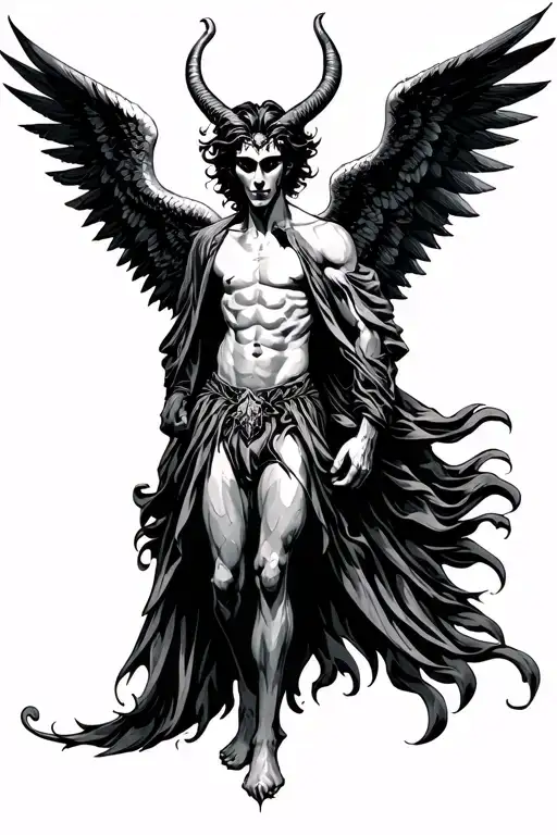 mad angel, Lucifer, full length, four wings, arrogant face, dark fantasy tattoo design idea
