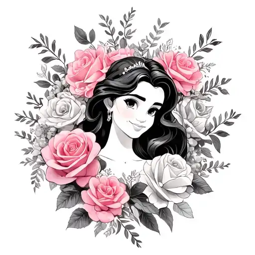 * Disney princess florals:    * Aurora (Pink rose)    * Tiana     * Ariel    * Belle    * Cinderella    * Jasmine tattoo design idea