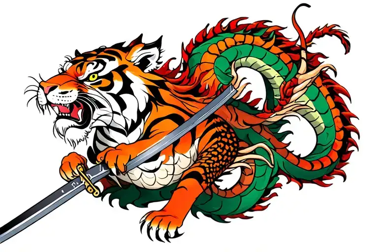 tiger in the grip of a dragon, katana in the hands of a dragon. The tiger has larger claws than usual and is surrounded  tattoo design idea