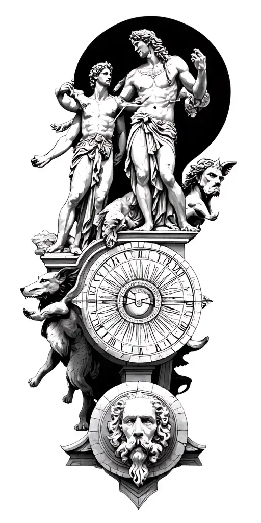 Ancient Greek Mythology, Zeus, Athena, Cerberus , and Hades. with a stone sun dial and mount olympus tattoo design idea