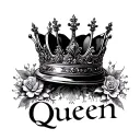 A crown with feminine linings. vertical symmetry. below place the text "Queen" tattoo design idea