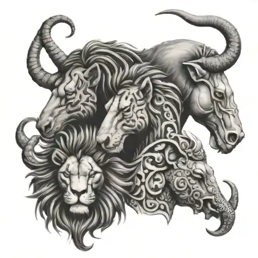 sea horse, lion and a elephant head tattoo design idea