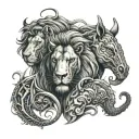 sea horse, lion and a elephant head tattoo design idea