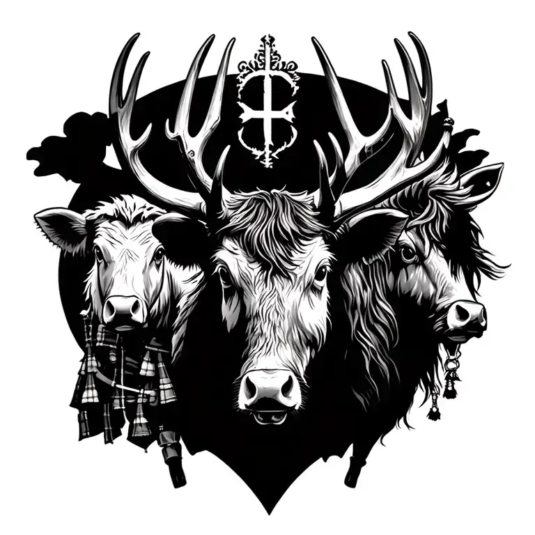 highland stag, knights templar knight, bagpiper, highland cow, unicorn, scottish thisle tattoo design idea