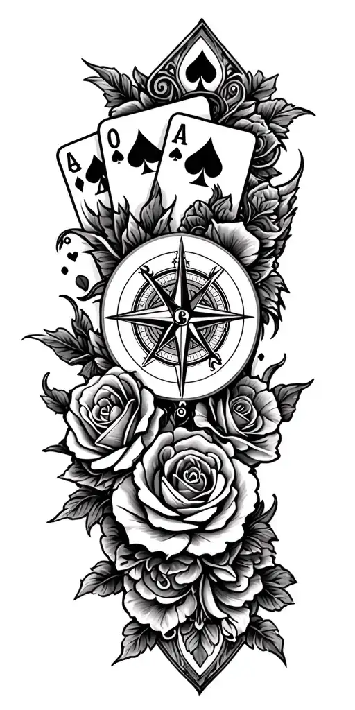 filigree design with playing cards, compass and roses tattoo design idea