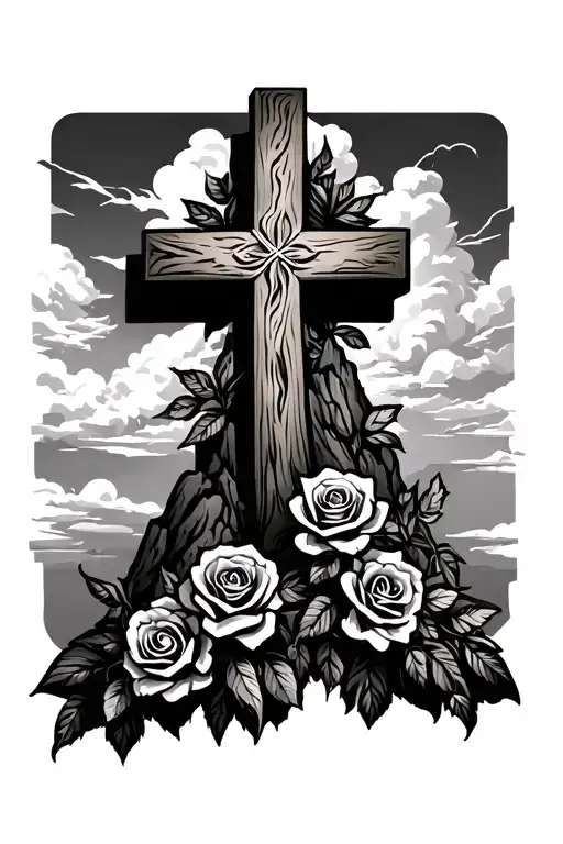 wooden cross with roses wrapped around it and the cross is standing on a small mountain with clouds in the sky tattoo design idea