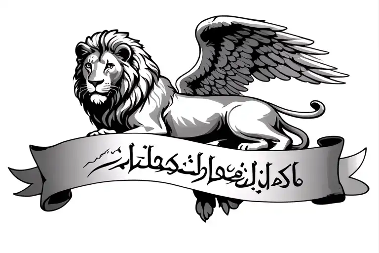 A majestic lion with angel wings, resting peacefully above a banner that reads 'Hashem' in elegant Arabic calligraphy  tattoo design idea