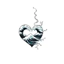 fine line heart filled with japanese wave that spills out of shape tattoo design idea