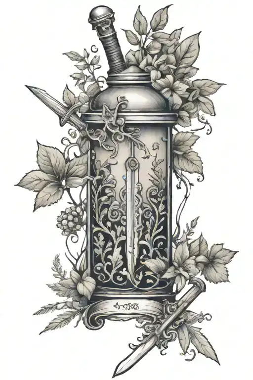 nature with herbs, potions, and a sword going tattoo design idea