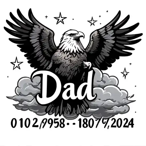 "Dad 01/02/1958-18/09/2024" eagle stars shining clouds tattoo design idea
