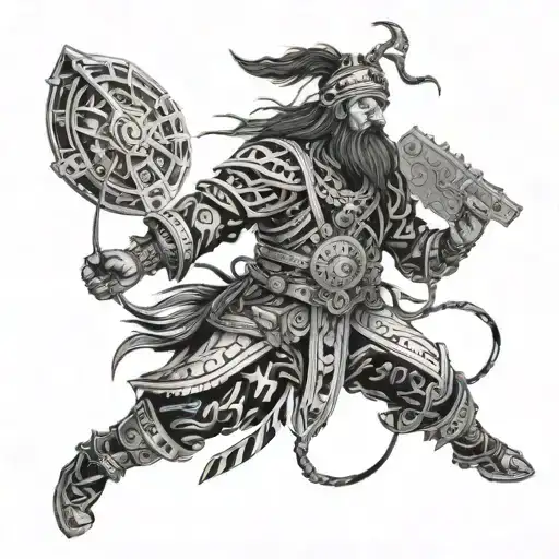 A futuristic scene of a time-traveling shaman leading an army into battle tattoo design idea