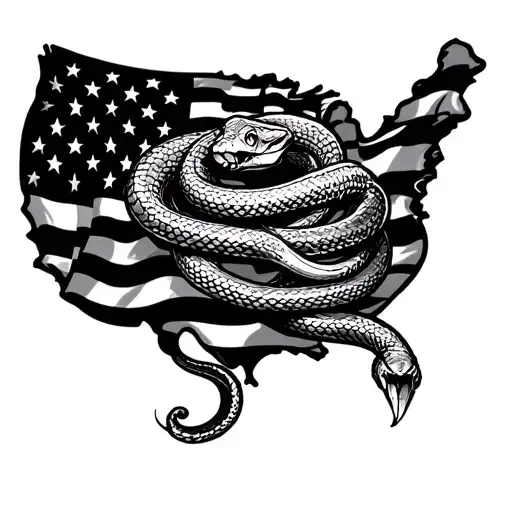 A black and grey tattoo of a snake wrapped around the American flag, with the words 'Don't Tread on Me' incorporated into the design, representing a strong sense of patriotism and protection tattoo design idea